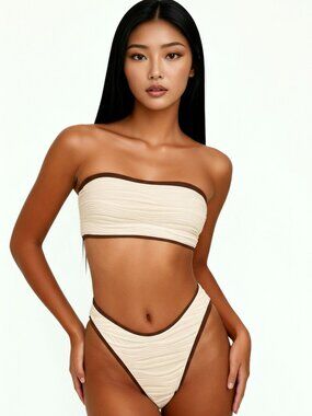 Small Cream Bandeau Ribbed Cheeky Bikini With Lace Up Back And High Cut Fit NWT